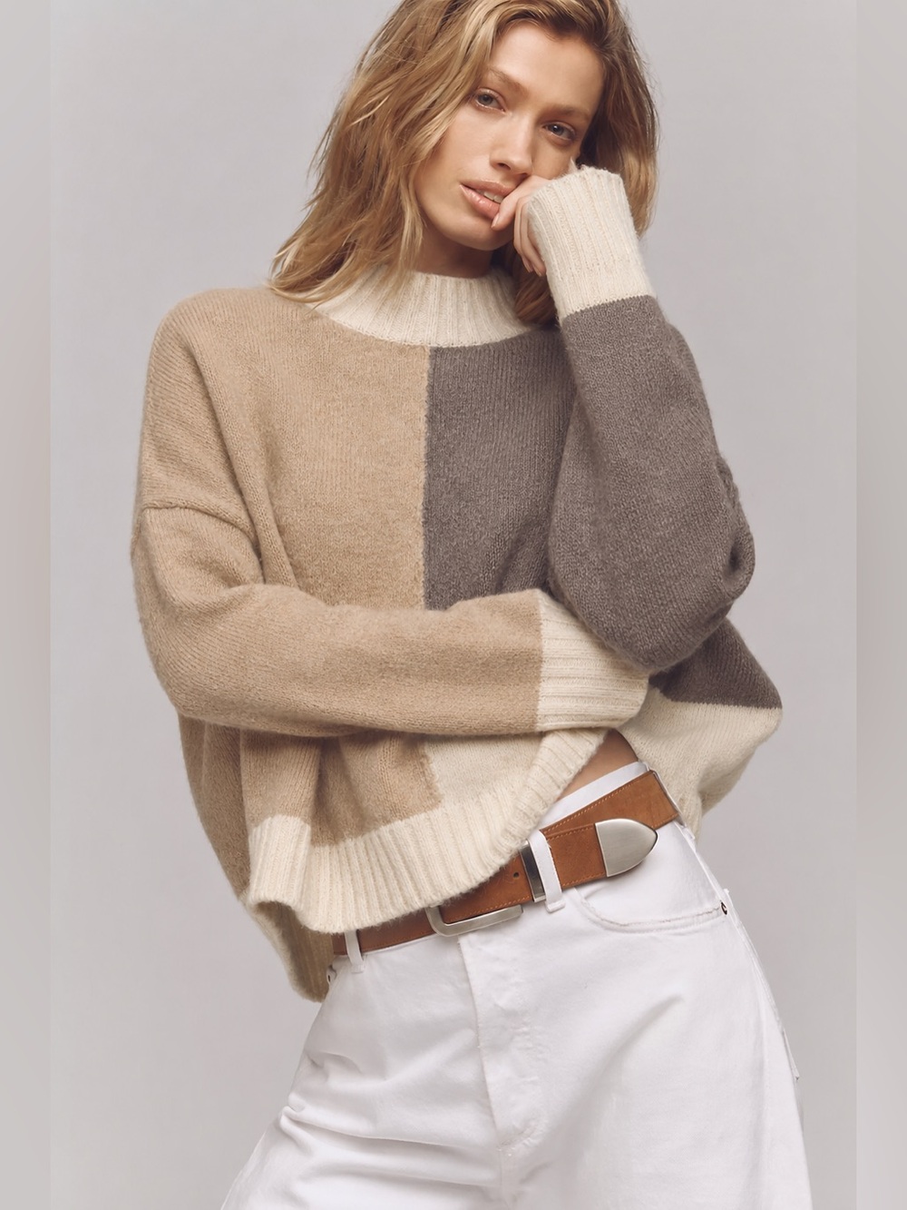 VICI Luxe Cashmere Blend Colorblock Mock Neck Chic Oversized Cropped Sweater, M
